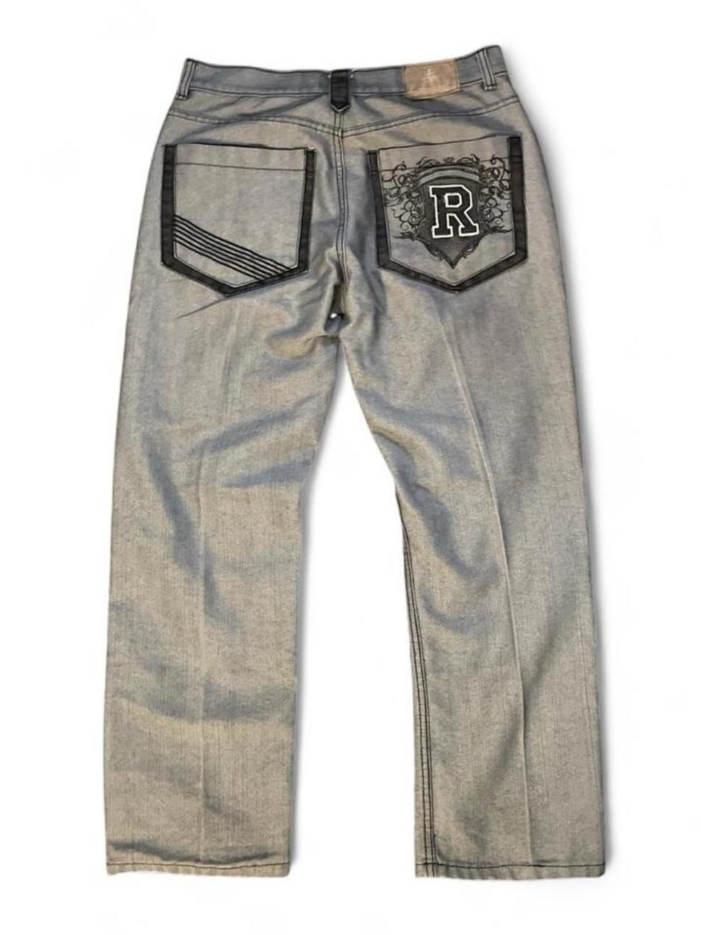 Vintage Red Ape Y2K Baggy Grey Denim‎ Embroidered Jeans Size 36